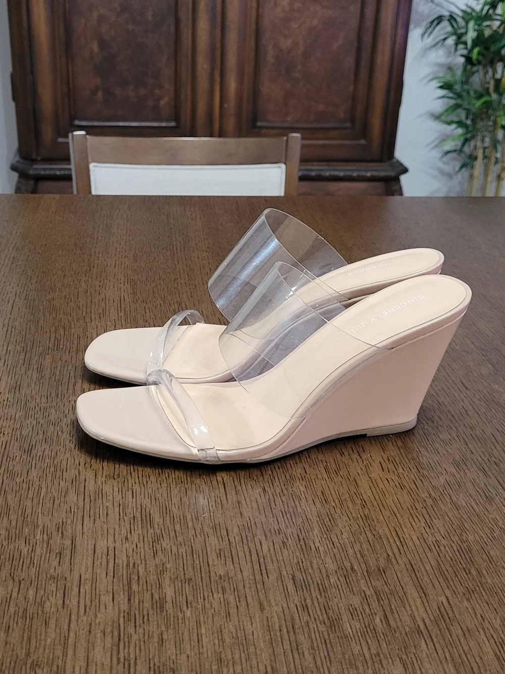 Sincerely Jules Nude Wedge Sandals with Clear Straps 8.5